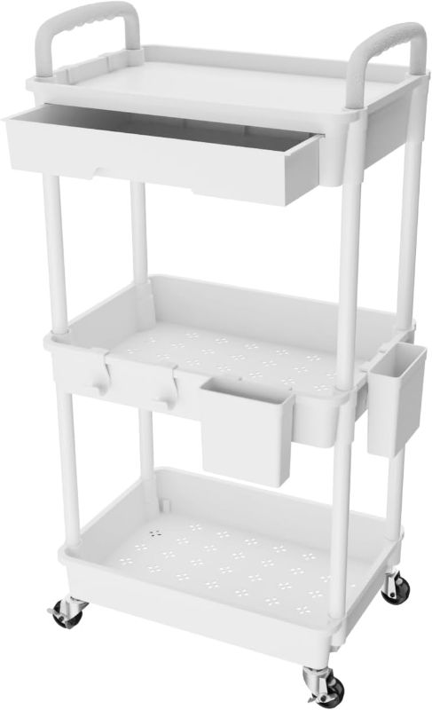 Photo 1 of 3 Tier Rolling Utility Cart with Drawer,REBECAT Utility Cart Made of Multifunctional Storage Organizer Tool for Kitchen,Bathroom,Living Room,Office(White)
