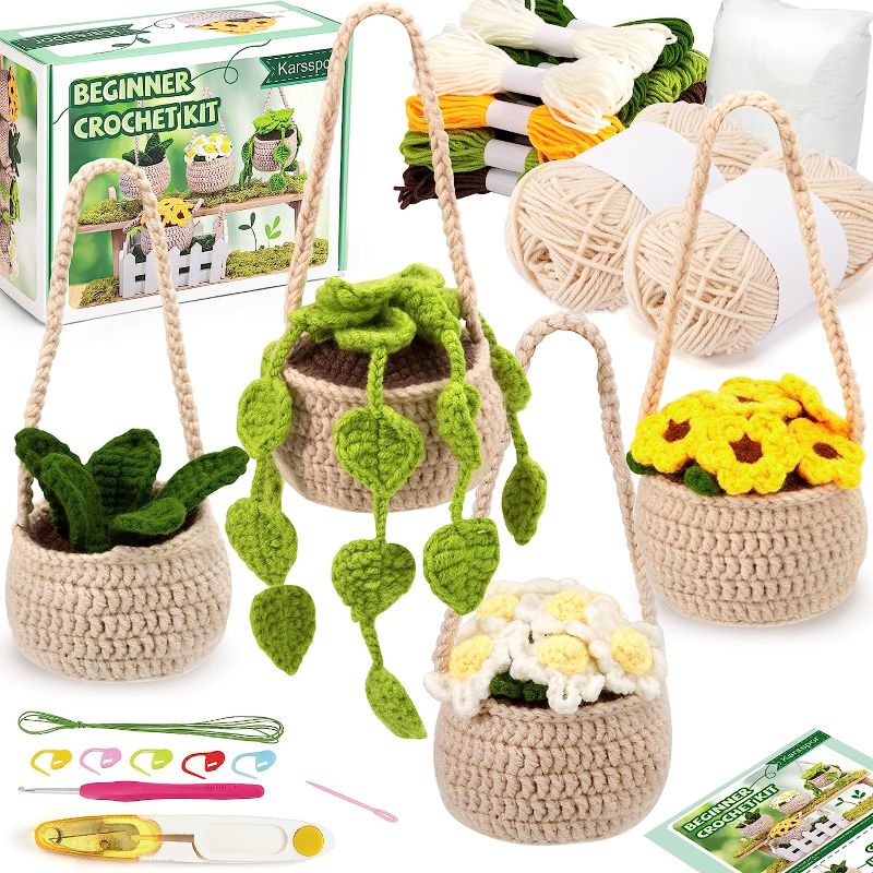 Photo 1 of Karsspor Crochet Kit for Beginners - 4 PCS Hanging Potted Plants, Beginner Crochet Kit for Adults with Easy to Follow Tutorials (Patent Product)
