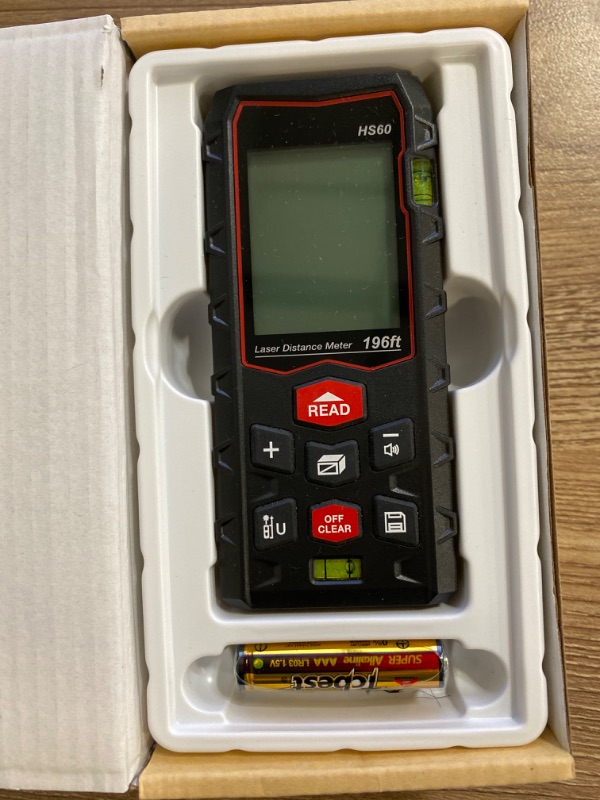 Photo 2 of Laser Measure 196ft, Charcity Laser Distance Meter 60M(M/in/F) with 2 Bubble Levels, Mute Function IP54 Waterproof Large LCD Backlit, for Pythagorean Mode, Measuring Distance, Area, Volume
