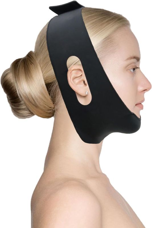 Photo 1 of Post Surgical Chin Strap for Women?Chin Lipo Compression Garment?Face Neck Chin Post Surgical Bandage?Reusable Silicone Chin Strap (Black 1PCS)
