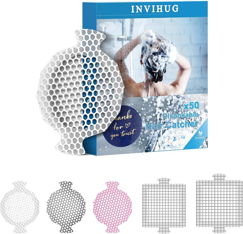 Photo 1 of INVIHUG,50 Pack, Disposable Shower Drain Hair Catcher Mesh Stickers,Disposable Hair Drain Catcher. (White)
