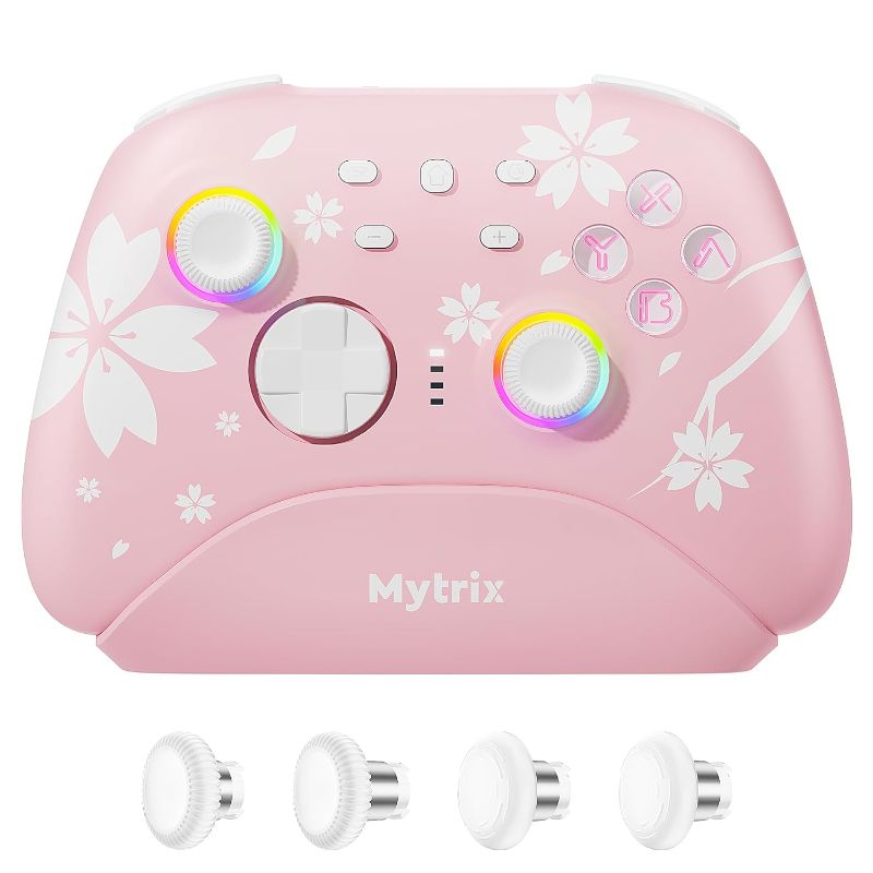 Photo 1 of Mytrix Wireless Pro Controller with Charging Dock, Controllers for Nintendo Switch/PC/Steam/iPad/Mac/Tablet/Laptop, with RGB Light/Macro Keys/Turbo Button/4 Joystick Replacements, Sakura Pink
