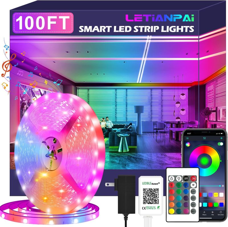 Photo 1 of 100ft Led Strip Lights,Long Smart Led Light Strips Music Sync 5050 RGB Color Changing Rope Lights,Bluetooth APP/IR Remote/Switch Box Control Led Lights for Bedroom,Home Decoration,Party,Festival
