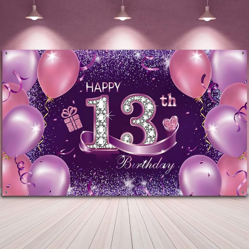 Photo 1 of Happy Birthday Party Decorations, Large Fabric Pink Purple Happy 13th Anniversary Birthday Sign Banner Photo Booth Backdrop Background with Rope for Girls Birthday Party Favor, 72.8 x 43.3 Inch
