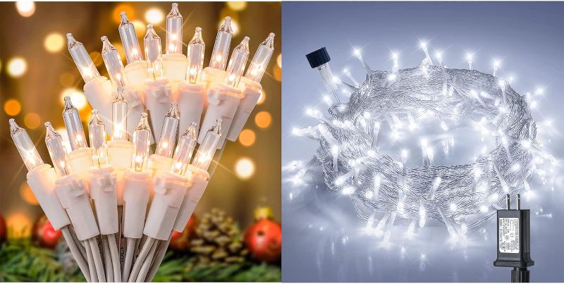 Photo 1 of Hopolon Incandescent 50Count 13ft Mini Christmas Lights 2Pack(Warm White)&100LED 33ft White String Lights(Cool White)
