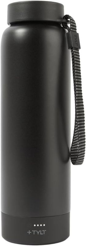 Photo 1 of TYLT Power Bottle 2.0, All-In-One 24 oz Stainless Steel Wide Mouth Water Bottle & Removable 5700 MAH Portable Power Bank, Dishwasher Safe, Cup Holder Compatible, Lanyard Handle, Black
