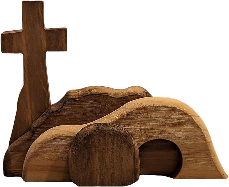 Photo 1 of nezababycos Empty Tomb Easter Décor Wooden Resurrection Scene and Cross Religious Jesus Tomb Nativity Easter Scene Tiered Tray for for Indoor Home Table Office Decoration Crafts
