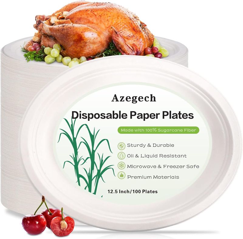 Photo 1 of Azegech 100Pack Disposable Paper Plates,12.5 Inch Oval Paper Plates,Super Strong Eco-Friendly Plates,100% Compostable Biodegradable Plates,White Oval Paper Dinner Plates for Party,Picnic,Large,Thicken
