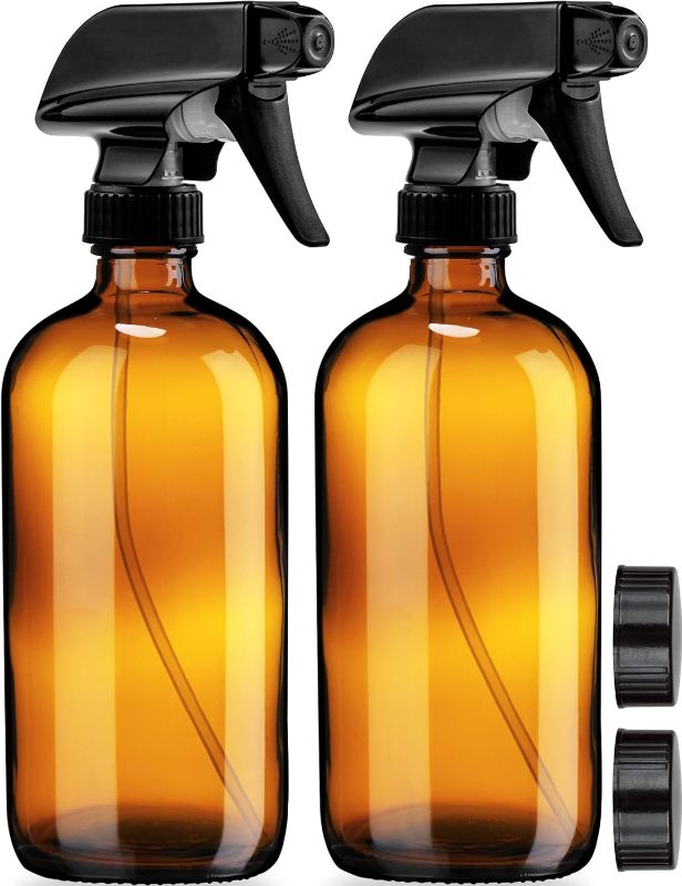 Photo 1 of Empty Amber Glass Spray Bottles - 2 Pack - Each Large 16oz Refillable Bottle is Great for Essential Oils, Plants, Cleaning Solutions, Hair Mister - Durable Nozzle w/ Fine Mist and Stream Setting
