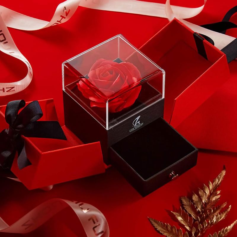 Photo 1 of Everlasting Flower Box, Valentine's Day Gift Box, Single Rose Double Open Gift Box Bow, Double Open Ring Jewelry Box
