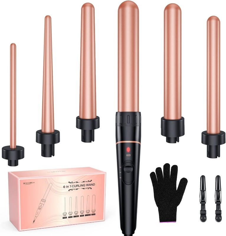 Photo 1 of Long Barrel Curling Iron Wand Set, BESTOPE PRO 6 in 1 Curling Wand Set with Ceramic Barrel for Long/Medium Hair, 0.35"-1.25" Interchangeable Hair Wand Curler, Dual Voltage, Include Glove & Clips
