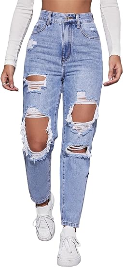 Photo 1 of (M) Floerns Women's High Waist Straight Leg Cut Out Ripped Jeans Distressed Denim Pants- medium
