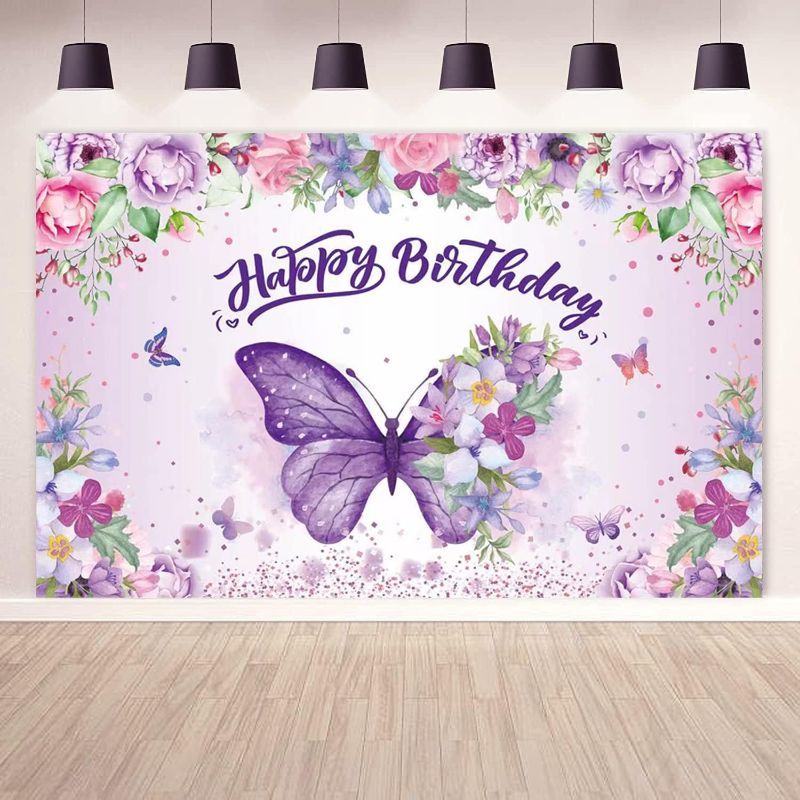 Photo 1 of Butterfly Happy Birthday Backdrop, Purple Butterfly Decorations Banner for Girl Women Floral Butterfly Backdrop for Baby Shower Fairy Birthday Decorations, Spring Butterfly Birthday Party Supplies
