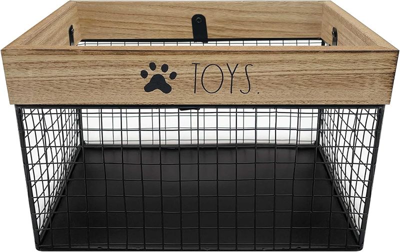 Photo 1 of Pet Toy Basket - Metal and Wood Dog Toy Storage Basket - Cat and Dog Toy Bin Storage Organizer for Puppy Leash, Blanket, Treats, Food, Accessories - Container Baskets for Dog, 9.75" x 8" x 6"

