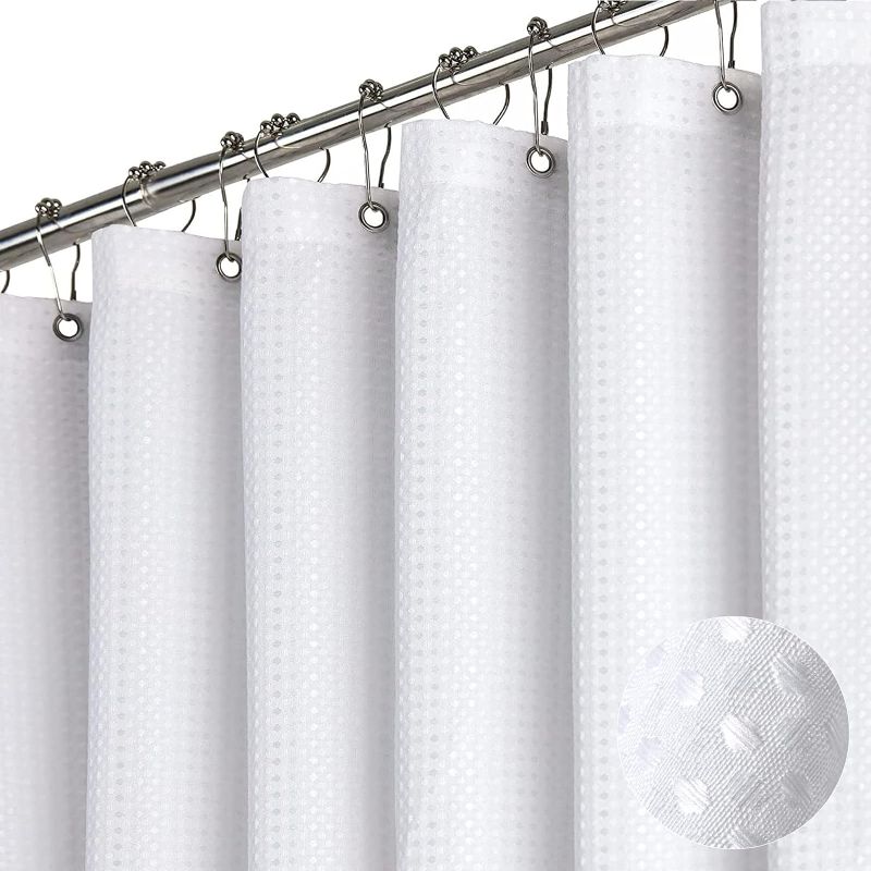 Photo 1 of Dynamene White Fabric Shower Curtain? Waffle Weave Heavy Duty Hotel Luxury Cloth Shower Curtains for Bathroom, 72 Inch 256GSM Weighted Bath Curtain Set with 12 Plastic Hooks,72x72
