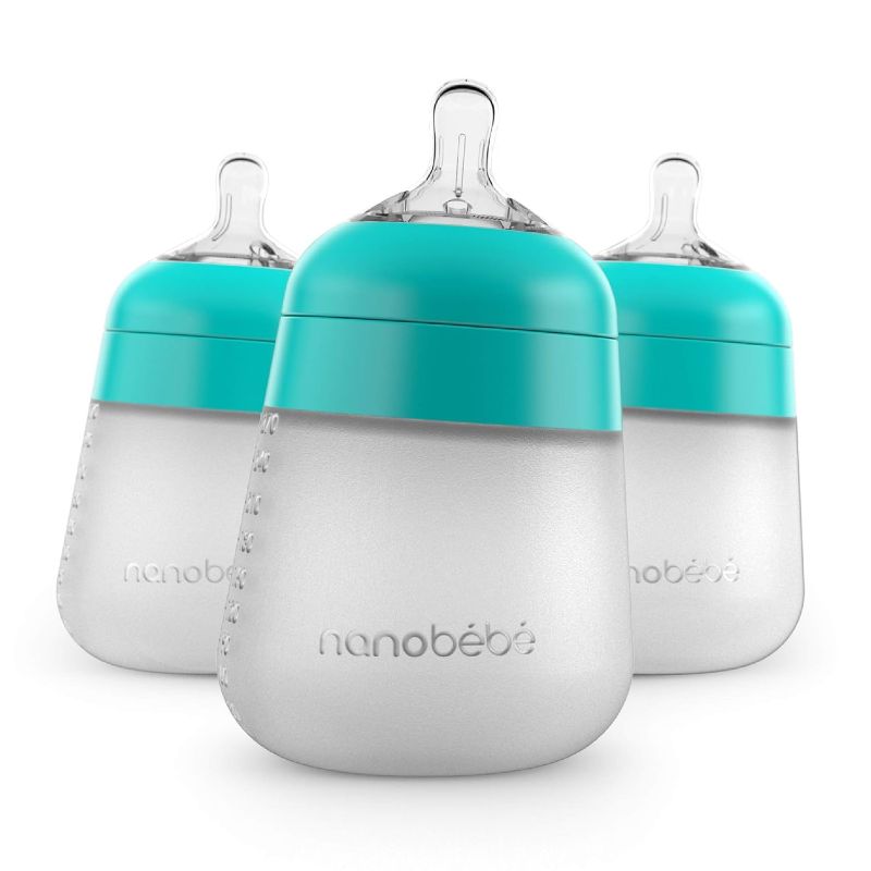 Photo 1 of Nanobebe Flexy Silicone Baby Bottles, Anti-Colic, Natural Feel, Non-Collapsing Nipple, Non-Tip Stable Base, Easy to Clean - 3-Pack, Teal, 9 oz
