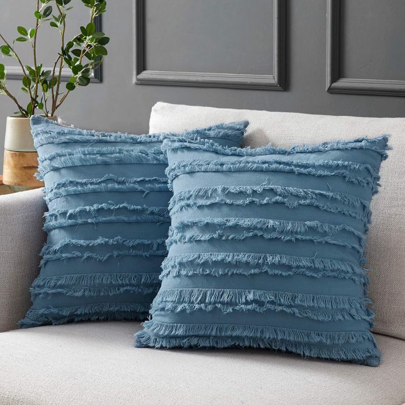 Photo 1 of Longhui bedding Blue Throw Pillow Covers for Couch Sofa Bed, Cotton Linen Decorative Pillows Cushion Covers, 18 x 18 inches, Set of 2
