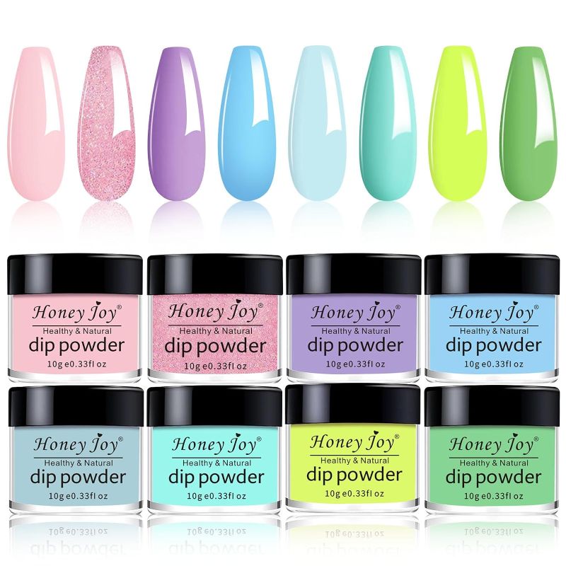 Photo 1 of Honey Joy 8pcs/set Fine Dipping Powder Dip Kit Powder Nail Color System,Summer Light Pink Violet Yellow Purple Green Blue,Like Gel Polish Effect, Even & Smooth Finish (Dip-8pcs-05)- 6 total pieces
