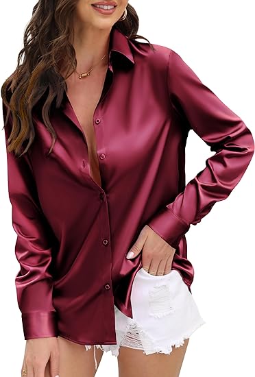 Photo 1 of CUNLIN Womens Soft Satin Silk Button Down Shirts for Women Silky Long Sleeve Work Shirt Dress Blouses Tops- size large

