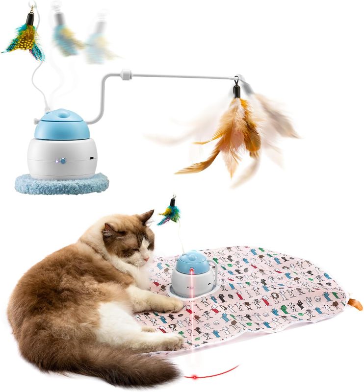 Photo 1 of SEECLOUD Automatic Interactive Cat Toys, 4-in-1 Rechargeable Cat Laser Toys Use for Indoor, 2 Feathers and Cover, Hide and Seek Cat Toys Make Cat Exercise and Relieving Boredom (Blue)

