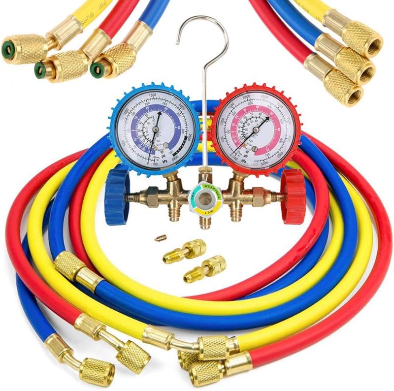 Photo 1 of Air conditioning Refrigerant Charging Hoses with Diagnostic Manifold Gauge Set and 2 Quick Coupler for R410A R22 R404 Refrigerant charging,1/4" Thread Hose Set 60" Red/Yellow/Blue (3pcs)
