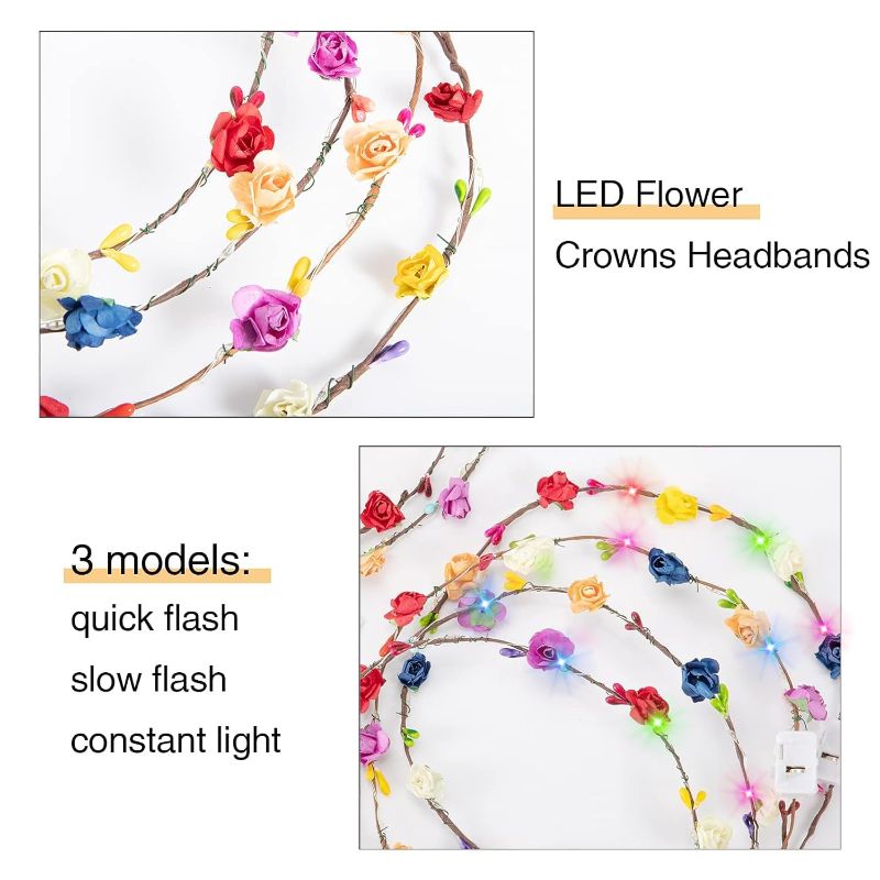 Photo 2 of 20 Pcs LED Flower Crowns Headbands - Light Up Headband for Women, Garlands Glowing Floral Wreath Crowns for Wedding Beach Party Birthday Cosplay

