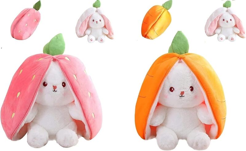 Photo 1 of ULTHOOL Strawberry and Carrot Reversible Bunny Plush, 2PCS Bunny Stuffed Animal Plush Toys, Easter Rabbit Plushie Pillow with Zipper, Soft Lovely Gift for Boys and Girls (2PCS 7" Strawberry+Carrot)
