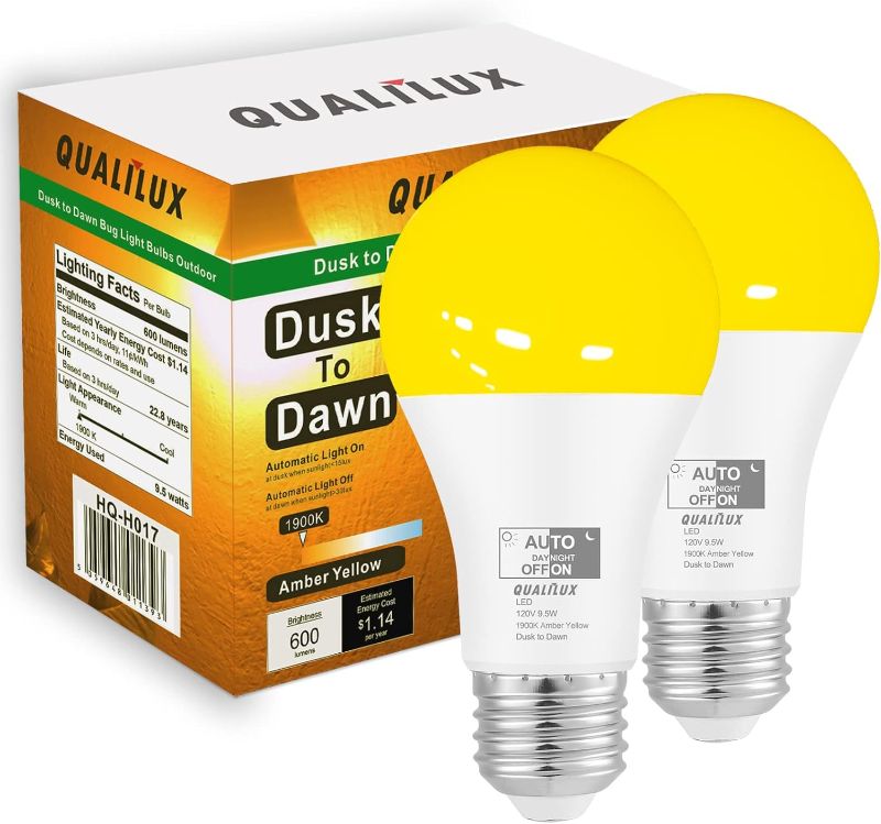 Photo 1 of Qualilux Dusk to Dawn Bug Light Bulbs Outdoor, 1900K Amber Yellow, 600 Lumen, LED 9.5W, A19 E26, 2-Pack, HQ-H017
