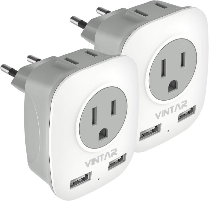 Photo 1 of [2-Pack] European Travel Plug adapter, VINTAR International Power Plug Adapter with 2 USB Ports,2 American Outlets- 4 in 1 Outlet Adapter,Travel Essentials to Italy,Greece,France, Spain (Type C)
