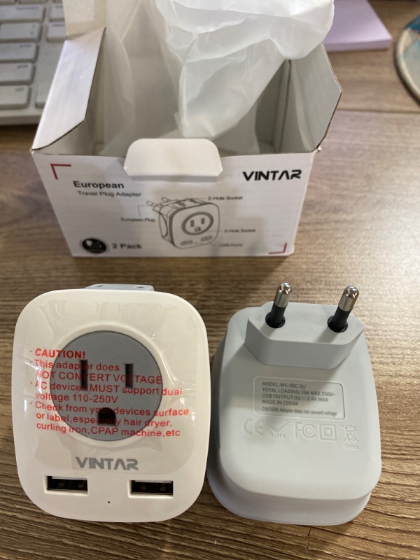 Photo 2 of [2-Pack] European Travel Plug adapter, VINTAR International Power Plug Adapter with 2 USB Ports,2 American Outlets- 4 in 1 Outlet Adapter,Travel Essentials to Italy,Greece,France, Spain (Type C)
