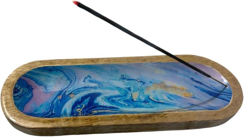 Photo 1 of leatherooze Incense Holder or Incense Burner Holder, Modern Ash Catcher or Insense for Table Décorations, Wooden Incense Tray for Sticks, Boho Gifts, Mango Wood, Electric Blue
