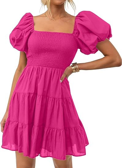 Photo 1 of (L) ZESICA Women's 2024 Boho Summer Square Neck Puff Sleeve Off Shoulder Smocked Tiered Casual A Line Short Mini Dress- size large
