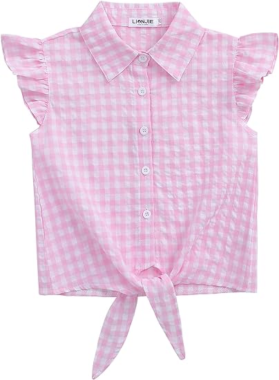 Photo 1 of Size 8-10 LIONJIE Girls Sleeveless Floral Button Down Shirt Summer Crop Tops Tie Knot Ruffle Sleeve Shirt Blouse 
