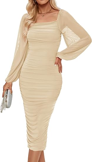 Photo 1 of (XL) Women's 2024 Sexy Ruched Bodycon Midi Dress Long Puff Sleeve Square Neck Backless Cocktail Party Wedding Dresses- size XL
