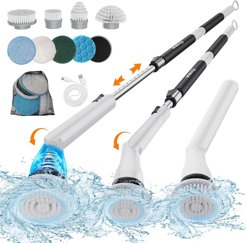 Photo 1 of Electric Spin Scrubber, Shower Scrubber Cordless Cleaning Brush with 8 Replaceable Brush Heads and Squeegee, Adjustable Extension Handle 3 Speeds Electric Cleaning Brush for Bathroom,Tub,Tile,Kitchen
