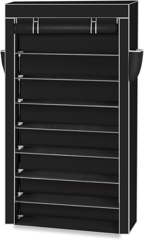 Photo 1 of WOW PIONEER 10-Tier Shoe Rack with Dustproof Cover, Shoe Organizer for Closet, Non-Woven Shoe Shelf Space-Saving Shoe Storage Includes Side Pockets Store up to 45 Pairs Black

