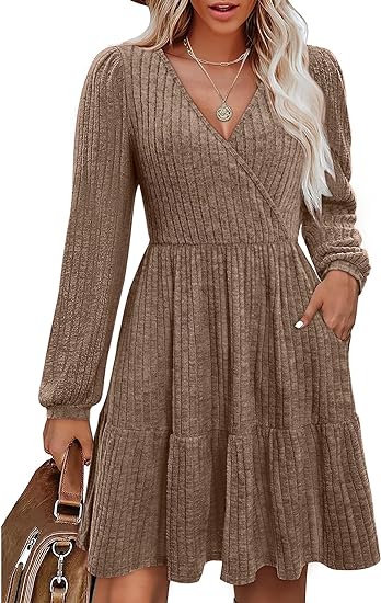 Photo 1 of (XS) LANISEN Women Knit Dress Long Puff Sleeve Fit and Flare Sweater Dresses with Pockets Wrap Fall Dress- size XS
