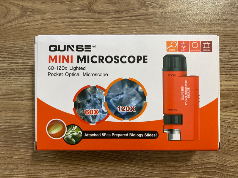 Photo 2 of QUNSE Pocket Mini Small Microscope, 60x-120x Handheld Microscope LED Lighted Zoom with 5pcs Microscope Slides
