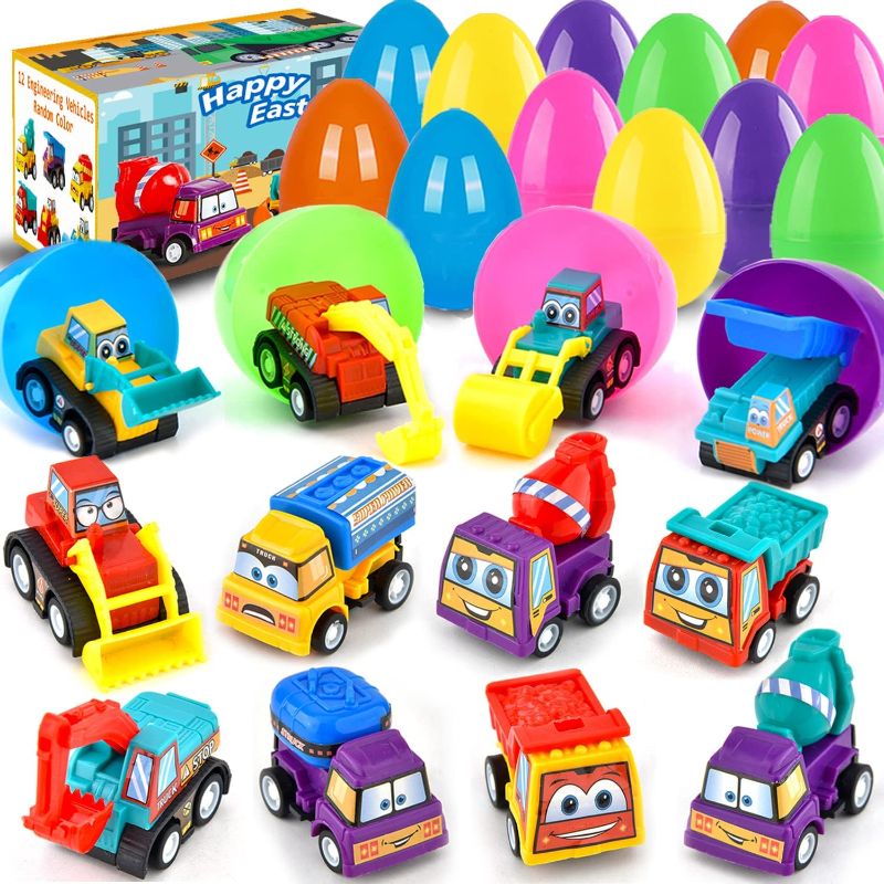 Photo 1 of Easter Basket Stuffers for Toddler Easter Gifts for Boys Easter Egg Stuffers Easter Baskets for Kids 12 filled Easter Eggs with Toys inside Pull Back Construction Vehicles Fillers Classroom Favors
