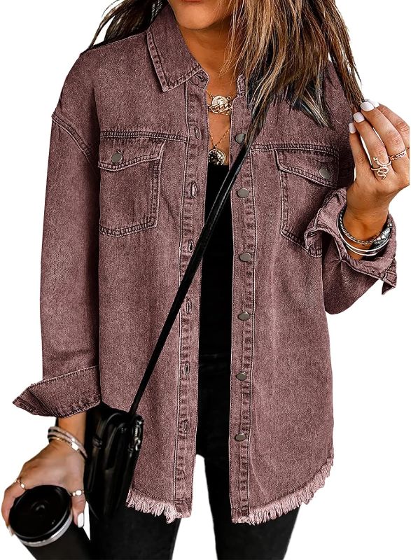 Photo 1 of (L) Vetinee Women’s Oversized Button Up Frayed Hem Shacket Long Sleeve Pockets Denim Jean Jacket- size large
