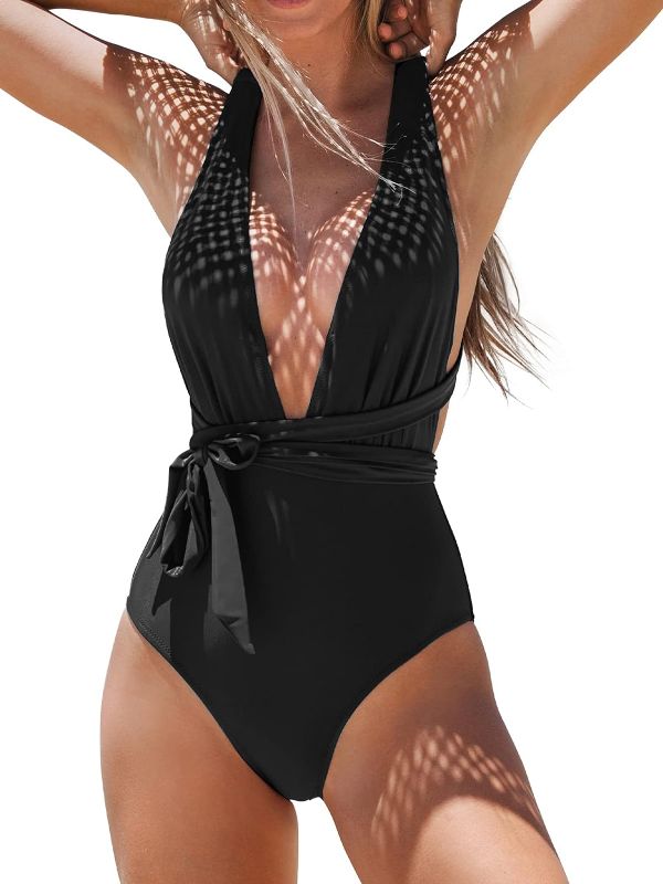 Photo 1 of (XL) CUPSHE Women's One Piece Swimsuit Sexy Deep V Neck Bathing Suit Crisscross Back Self Tie- size XL
