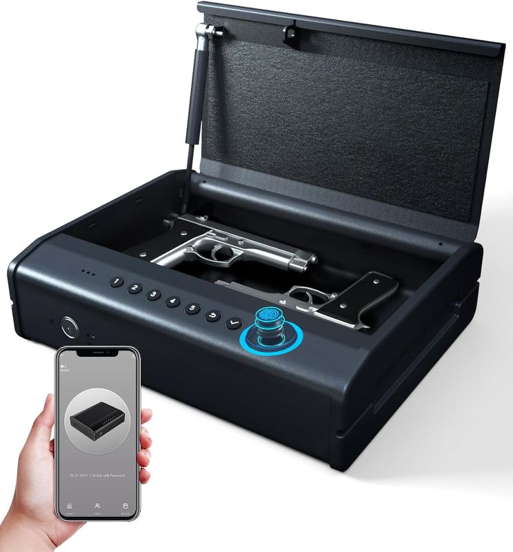 Photo 1 of PINEWORLD Biometric Gun Safe For Guns, Quick Access Handgun Safe with Fingerprint/Password/Key/APP, Pistol Safe Box,4-Ways Portable Gun Case for Nightstand, Home, Car
