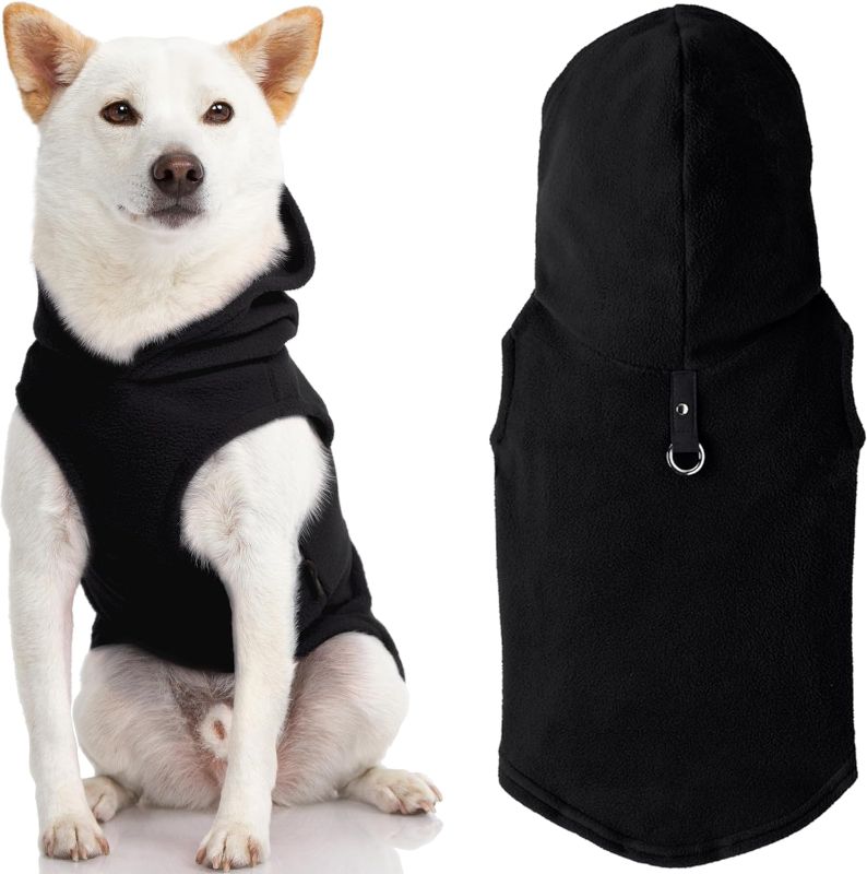 Photo 1 of Gooby Fleece Vest Hoodie Dog Sweater - Black, Medium - Warm Pullover Dog Hoodie with O-Ring Leash - Winter Hooded Small Dog Sweater - Dog Clothes for Small Dogs Boy or Girl, and Medium Dogs
