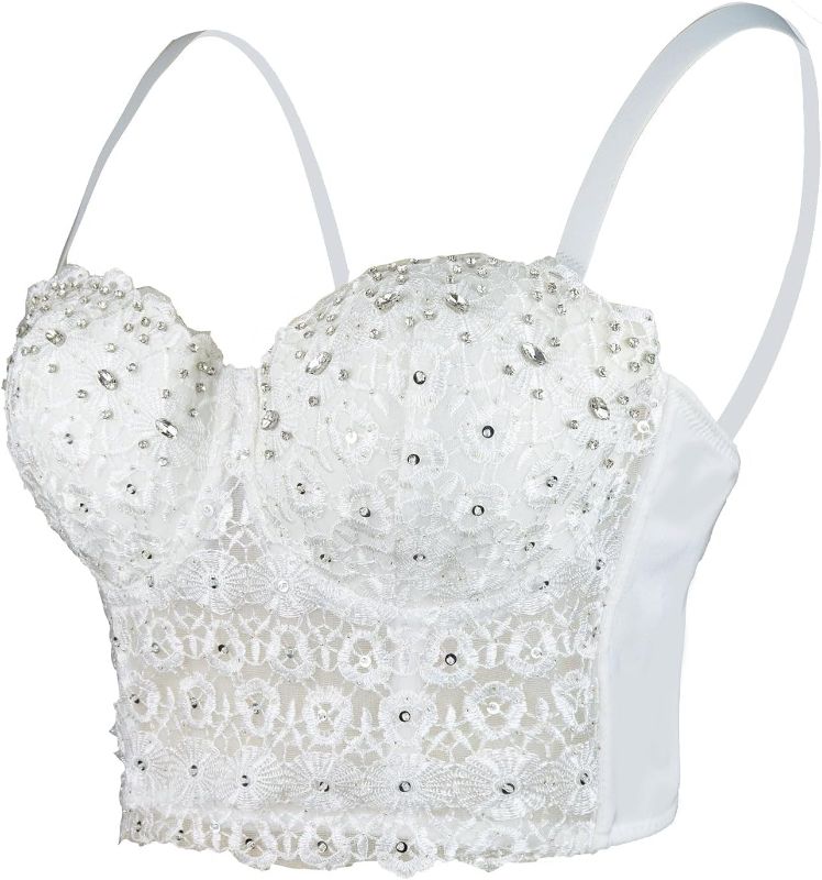 Photo 1 of Size Small ELLACCI Women's Natural Reigning Lace Rhinestone Bustier Crop Top Sexy Mesh Corset Top Bra
