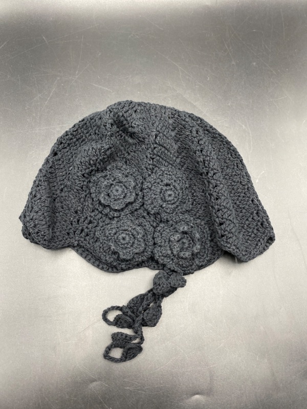 Photo 2 of ZLYC Women Cotton Crochet Skull Cap Handmade Knit Cutout Floral Beanie Hat (Bead Black)
