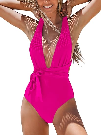 Photo 1 of CUPSHE Women's One Piece Swimsuit Sexy Deep V Neck Bathing Suit Crisscross Back Self Tie- small

