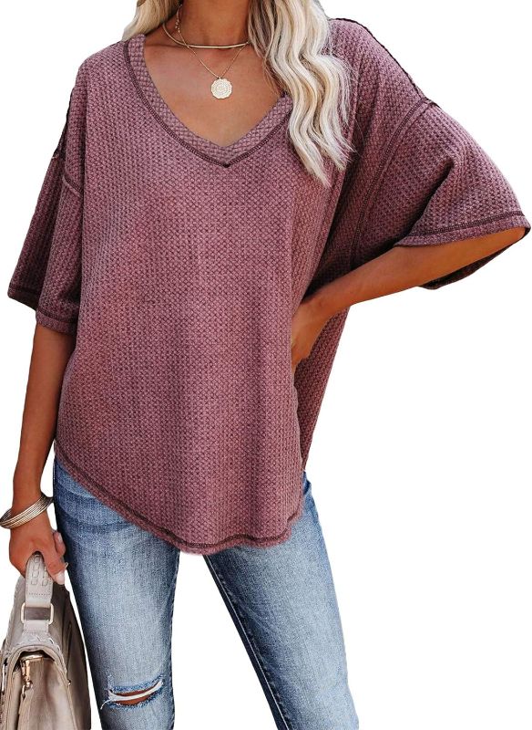 Photo 1 of (L) Dokotoo Women's Causual V Neck Short Sleeve Shirts Waffle Knit Loose Tunic Tops Blouses- size large
