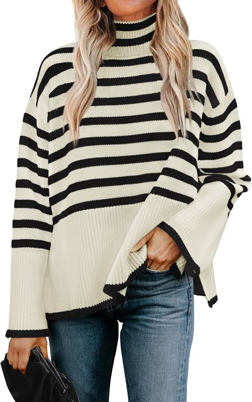 Photo 1 of (L) ZESICA Women's 2024 Winter Sweaters Casual Turtleneck Long Sleeve Striped Side Slit Loose Pullover Sweater Jumper Tops- size large
