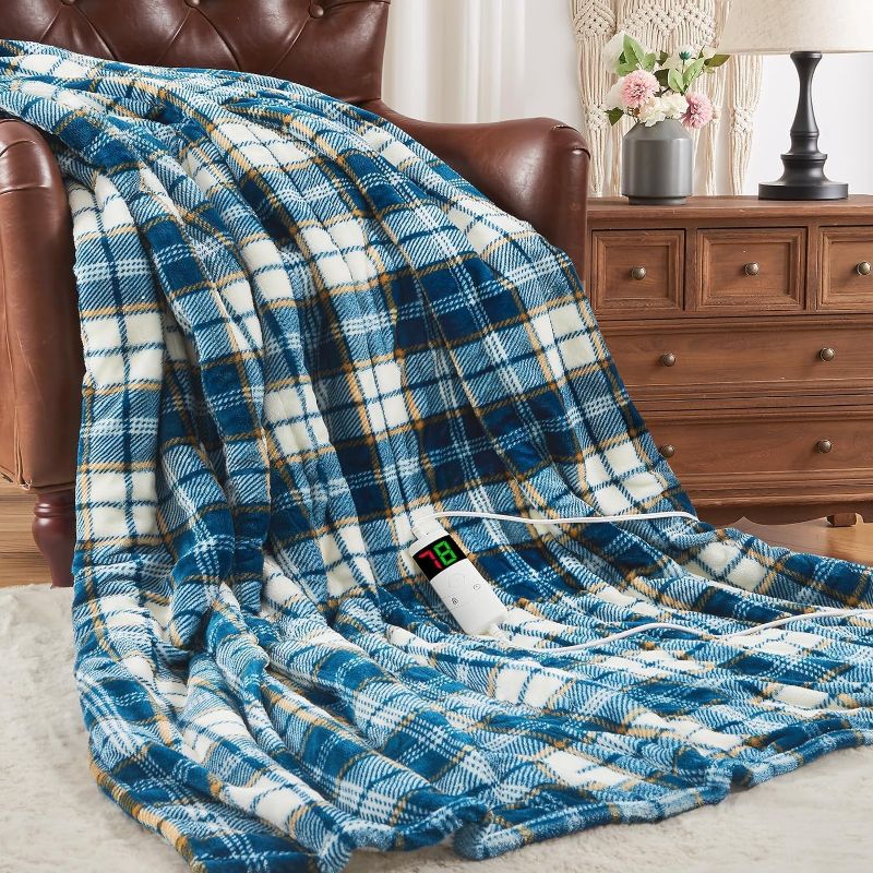 Photo 1 of OCTROT Heated Blanket Electric Twin Size, Heating Blanket with 10 Heating Levels & 8 Hours Auto Off, Thick Soft Fuzzy Heat Blanket Sherpa Flannel Plush Checkered Plaid Blanket for Couch, 62x84in Blue

