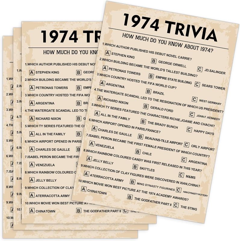 Photo 1 of QUPT 50th Birthday Party Games, 1974 Trivia Games, Birthday Party Supplies for Adults, Fun 1974s Party Game?Pack of 30 Cards
